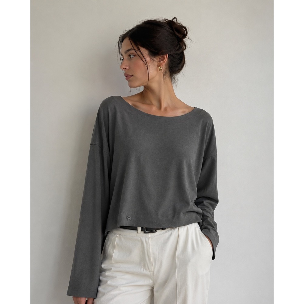 Bryn Walker Womens Small Dark Olive Grey Boxy Boat Neck Top soft elevated basic